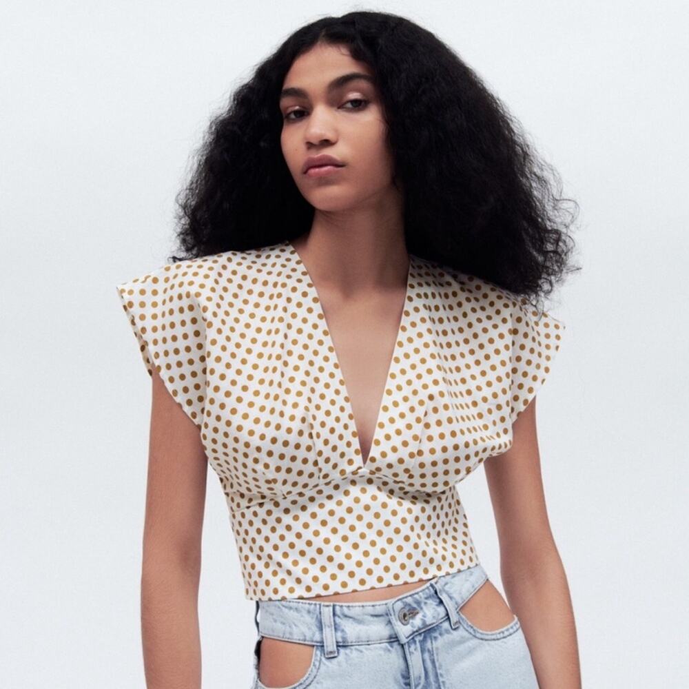 Zara Polka Dot V-Neck Linen Blend Cropped Top Size Large